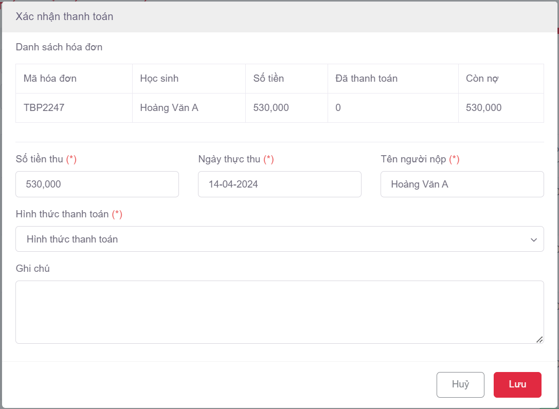 Form xác nhận thanh toán
