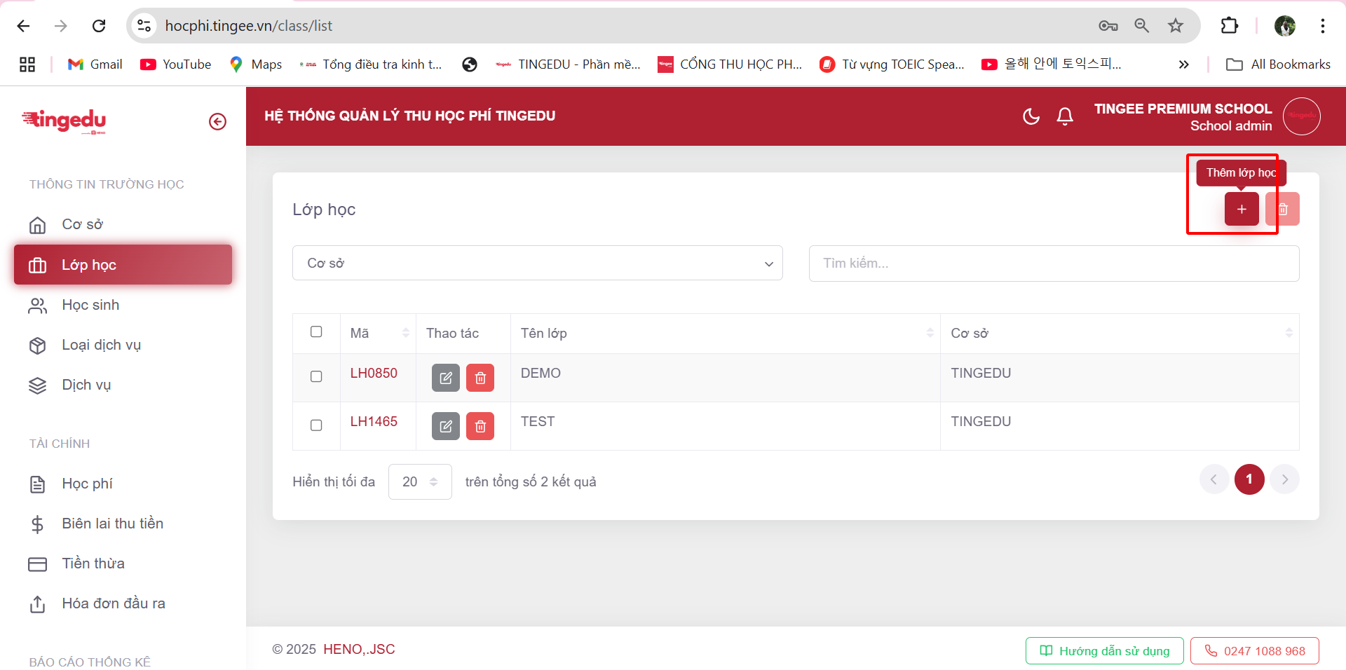 Form tạo lớp học